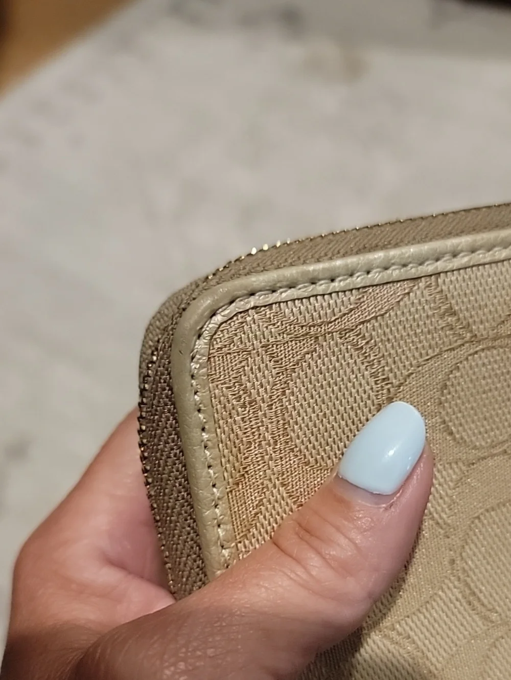 Coach Dempsey Beige and Pink Signature Zip Wallet With Leather Logo Patch